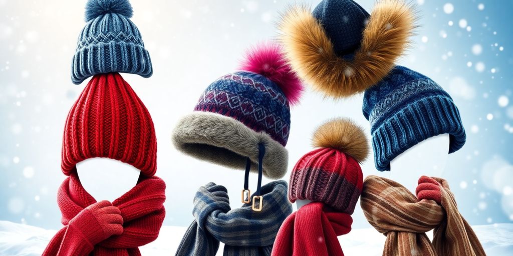 Colorful winter hats displayed in a snowy outdoor setting.
