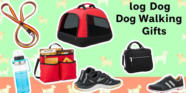 Collage of dog walking gifts including leashes and carriers.