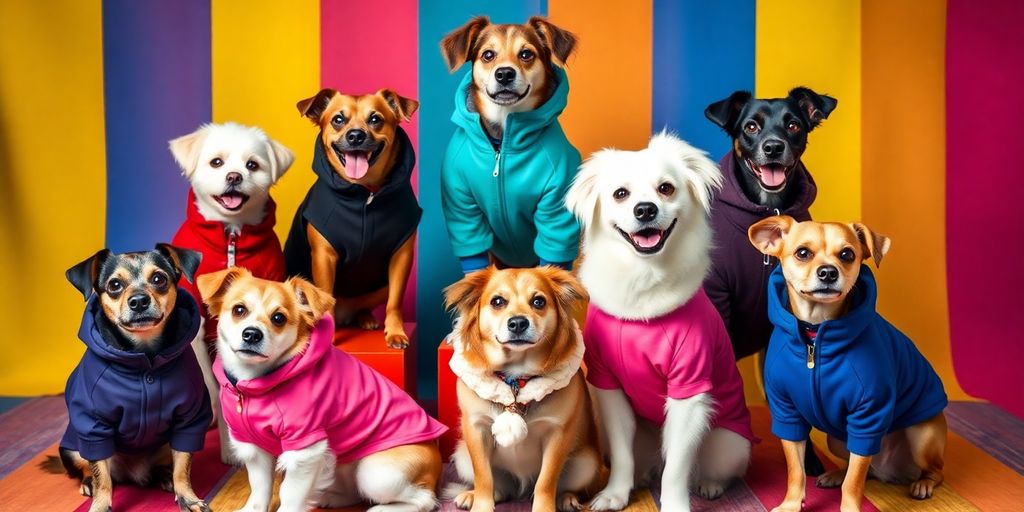 Stylish dog apparel on different breeds in colorful settings.