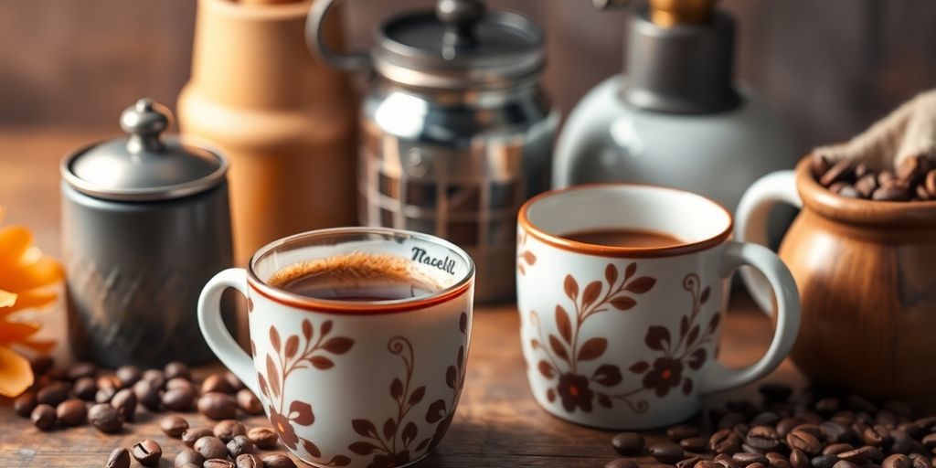 Cozy coffee scene with a steaming cup and accessories.