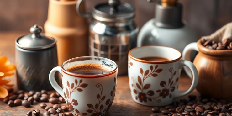 Cozy coffee scene with a steaming cup and accessories.