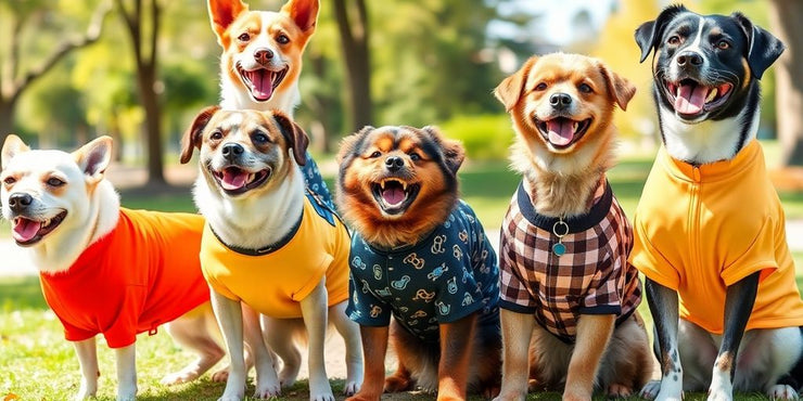 Colorful large dog shirts on different dog breeds.