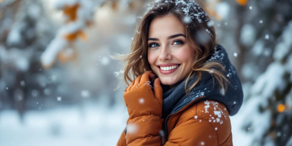 Woman in heated jacket smiling in winter setting.