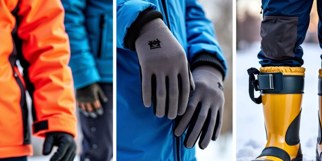 Collage of winter gear for outdoor work in snow.