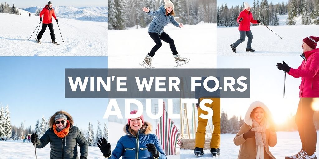 Adults enjoying winter sports and activities in snowy landscapes.