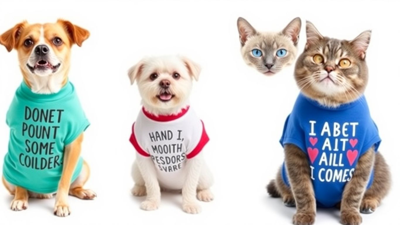 Funny pet t-shirts with dogs and cats wearing them.
