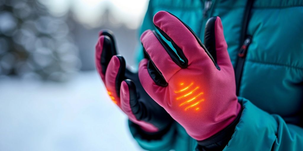 Stylish women's heated gloves in a snowy setting.