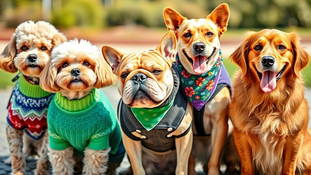 Dogs wearing fashionable sweaters, bandanas, and jackets outdoors.