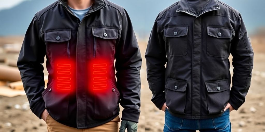 Men's heated work jacket in a snowy outdoor scene.