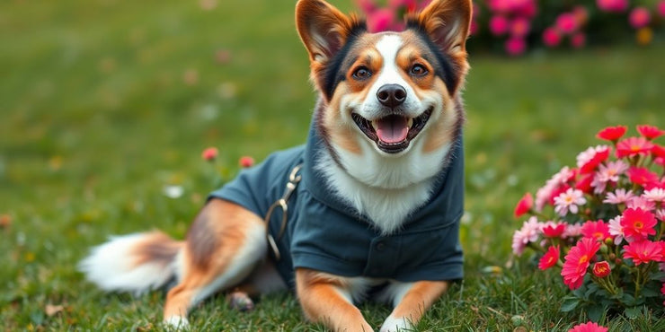 XL dog wearing stylish clothes in a sunny field.