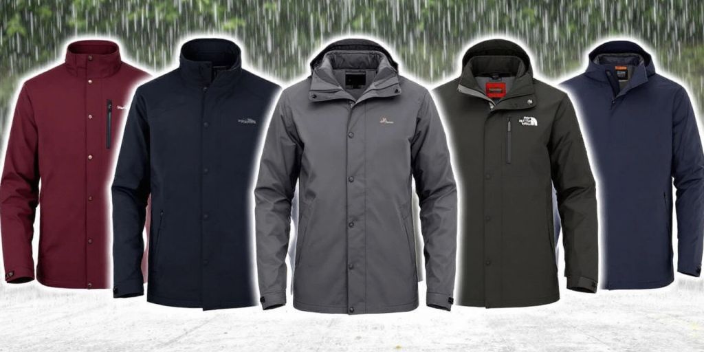 Five men's cold weather rain jackets in outdoor setting.