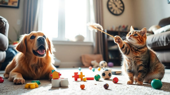 Dog and cat playing with toys indoors.