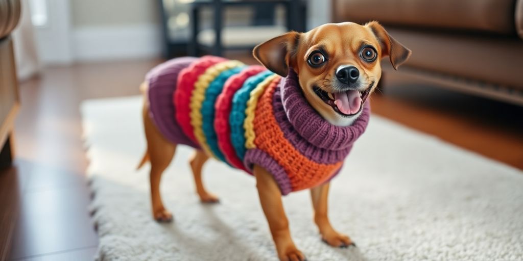 Small dog in handmade, perfectly fitted sweater