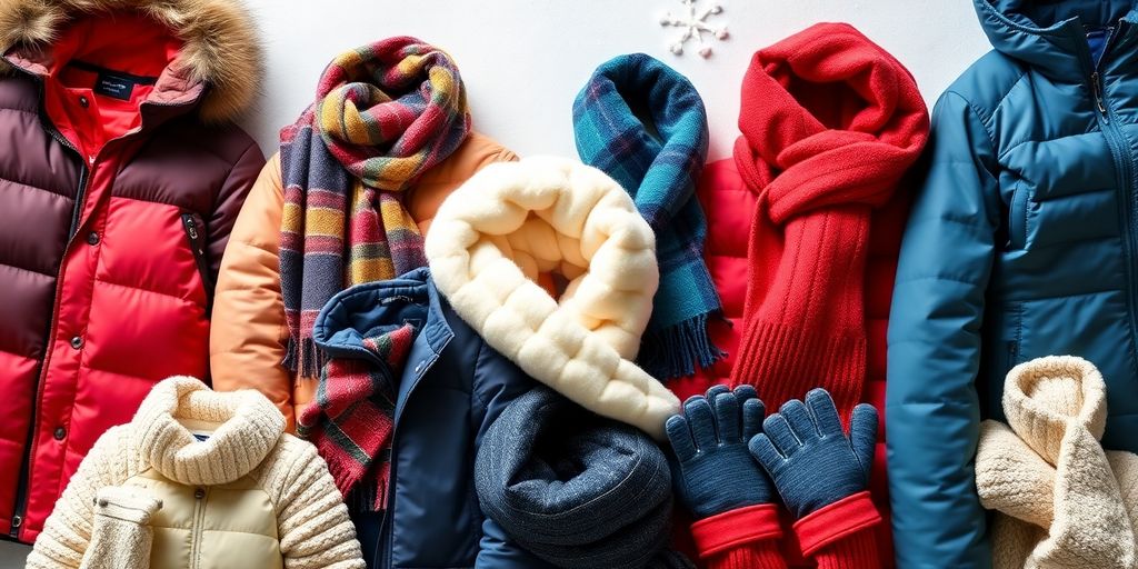 Colorful winter clothing items for rent, including jackets and scarves.