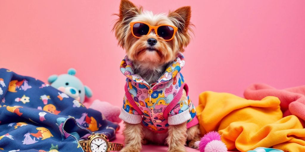 Stylish dog in trendy outfit with colorful accessories.