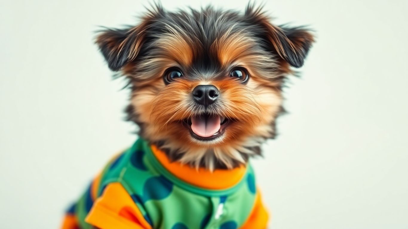 Small dog in a stylish, colorful shirt.