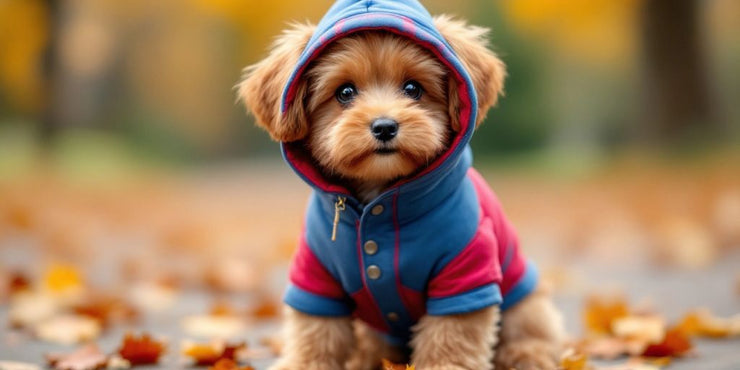 A cozy dog in a stylish hooded coat outdoors.