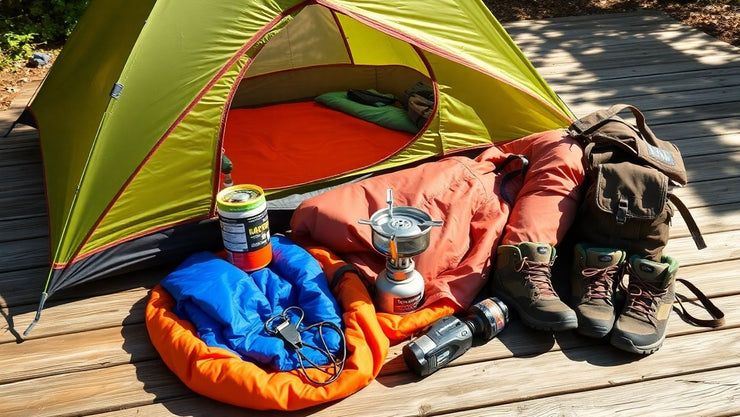 Camping gear for all seasons laid out outdoors.