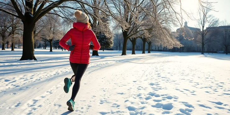 Person jogging in winter snow-covered park.