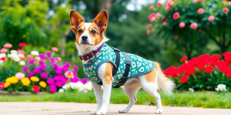 Stylish dog in fashionable clothing at a vibrant park.