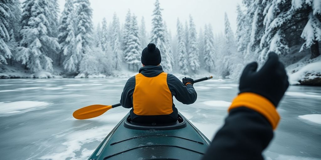 Kayaker in dry suit paddling on icy water.