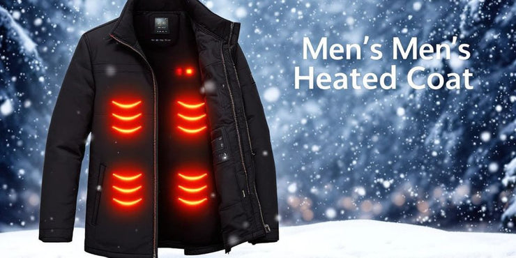 Men's heated coat in a snowy winter setting.