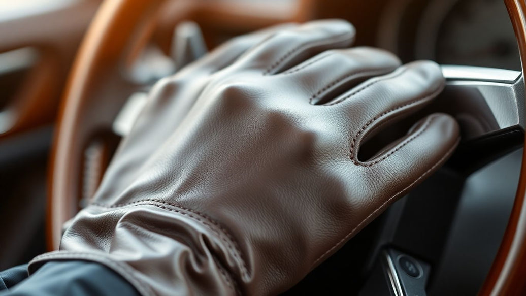 Stylish women's leather driving gloves on a steering wheel.