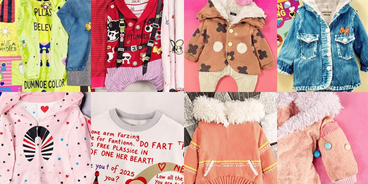 Trendy puppy clothes in vibrant colors and patterns.