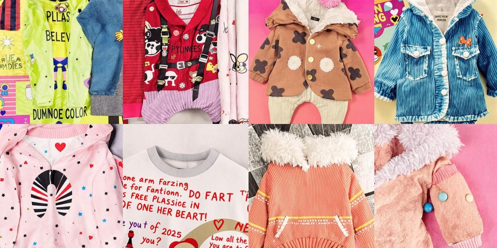 Trendy puppy clothes in vibrant colors and patterns.