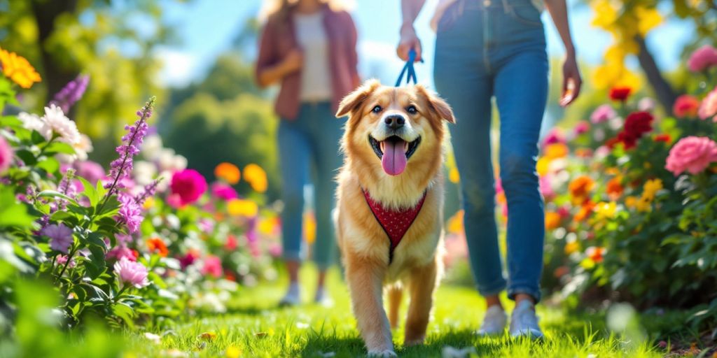 Dog walking in the park with a person.