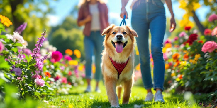 Dog walking in the park with a person.