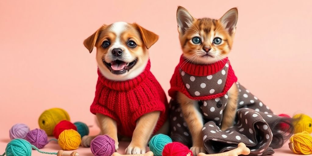 Puppy in red sweater and kitten in polka-dot dress posing