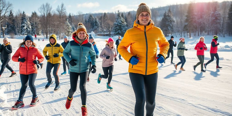 People exercising outdoors in a snowy winter landscape.