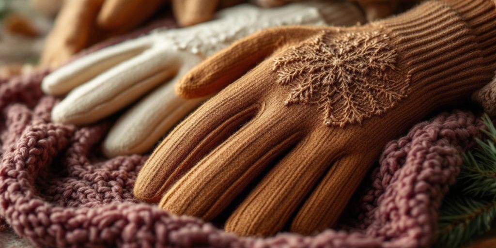 Colorful women's warming gloves on a cozy scarf.