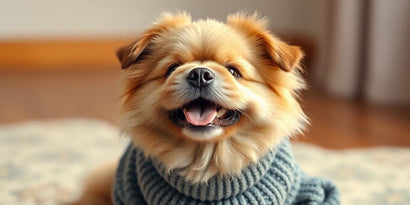 Happy dog wearing a stylish, comfortable dog sweatshirt.