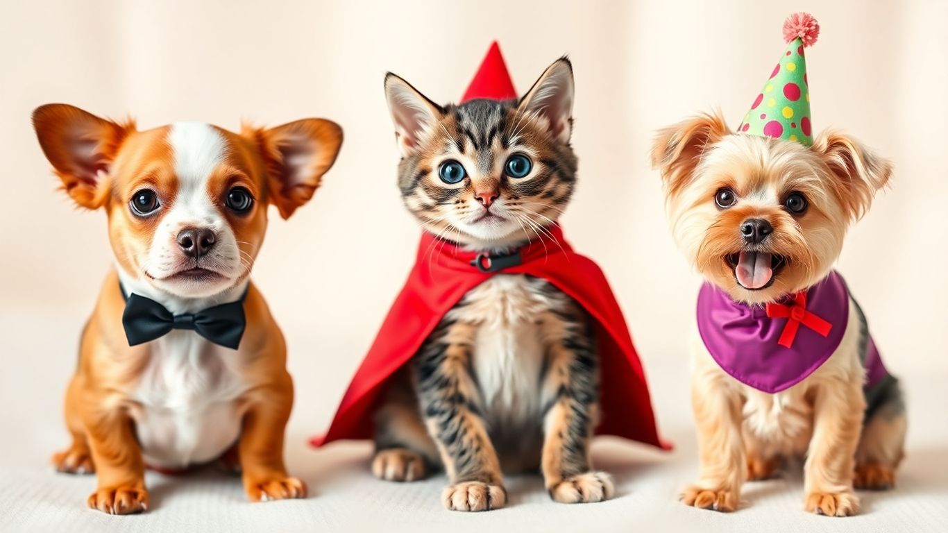 Pets in cute outfits for parties and events.