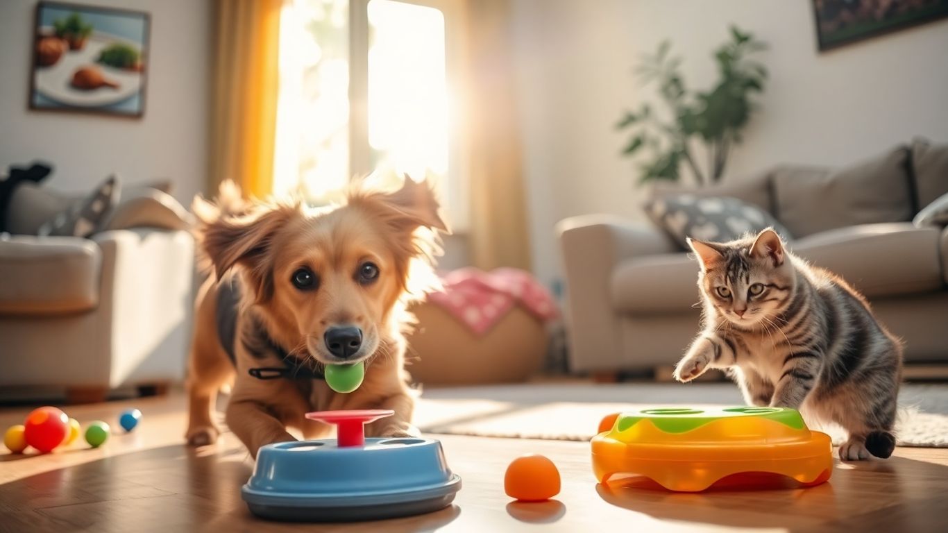 Dog and cat playing with toys indoors.