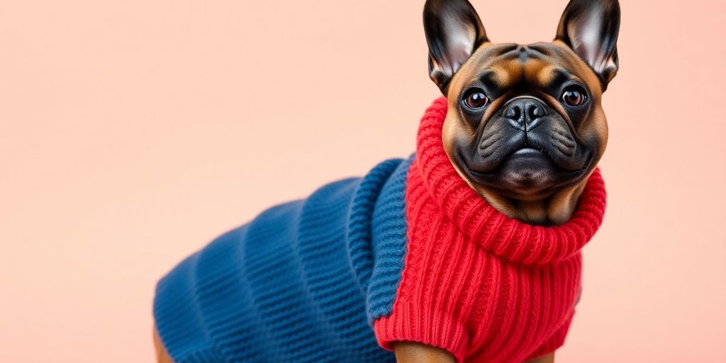 French Bulldog in a colorful sweater against a soft background.