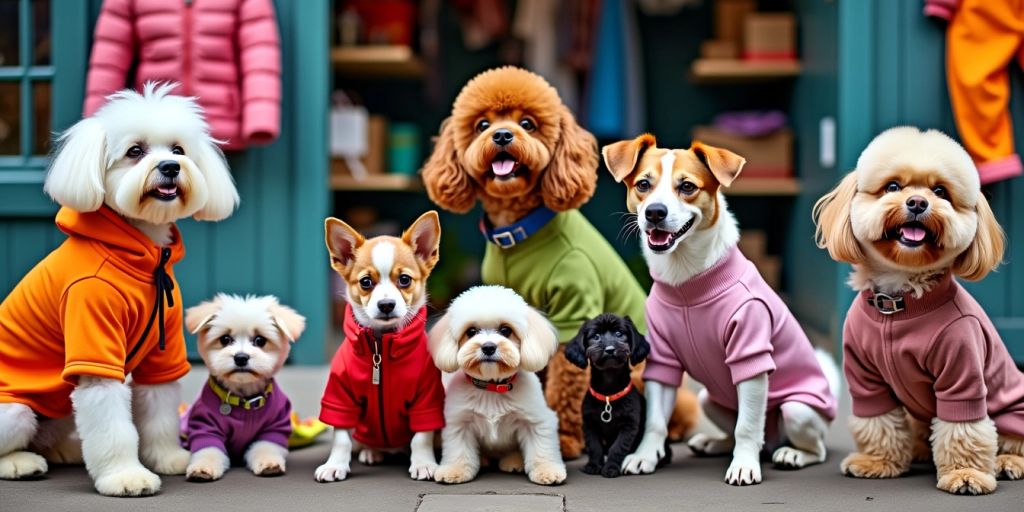 Dogs in stylish clothes and accessories outdoors.