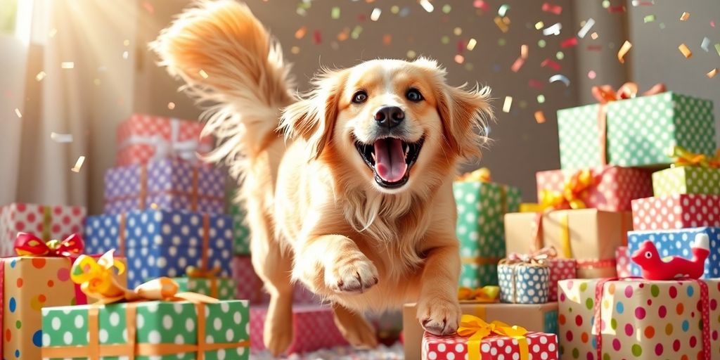 Happy dog, gifts, confetti