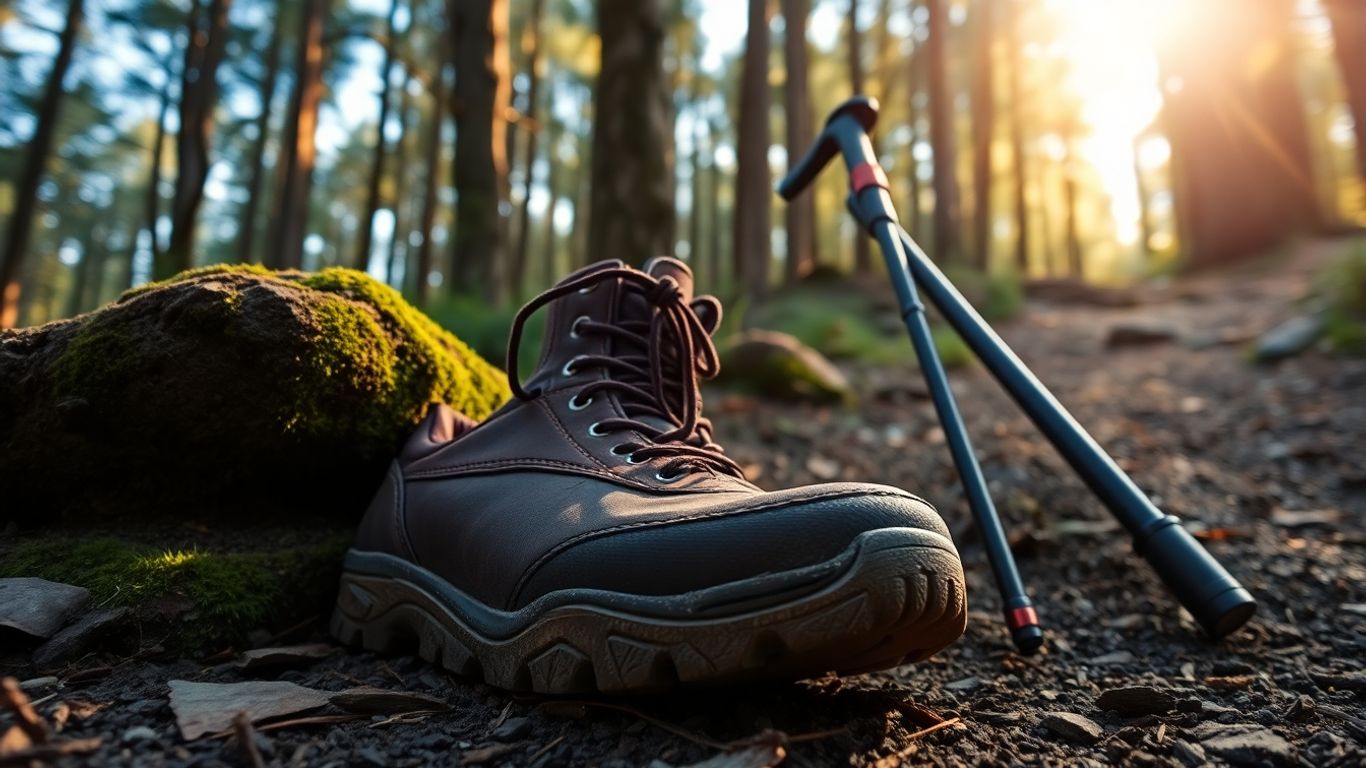 Durable walking boots on a forest trail.