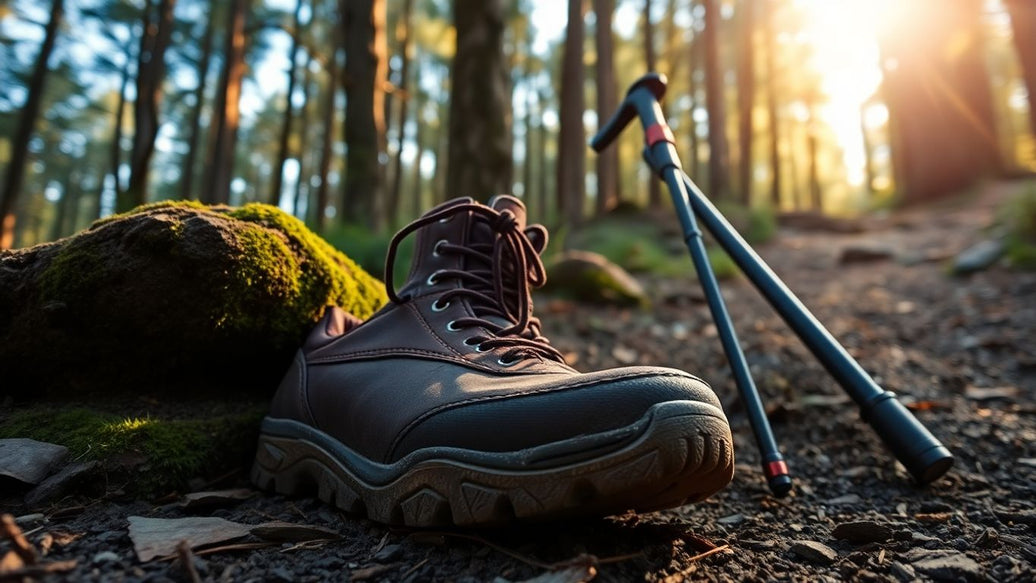 Durable walking boots on a forest trail.