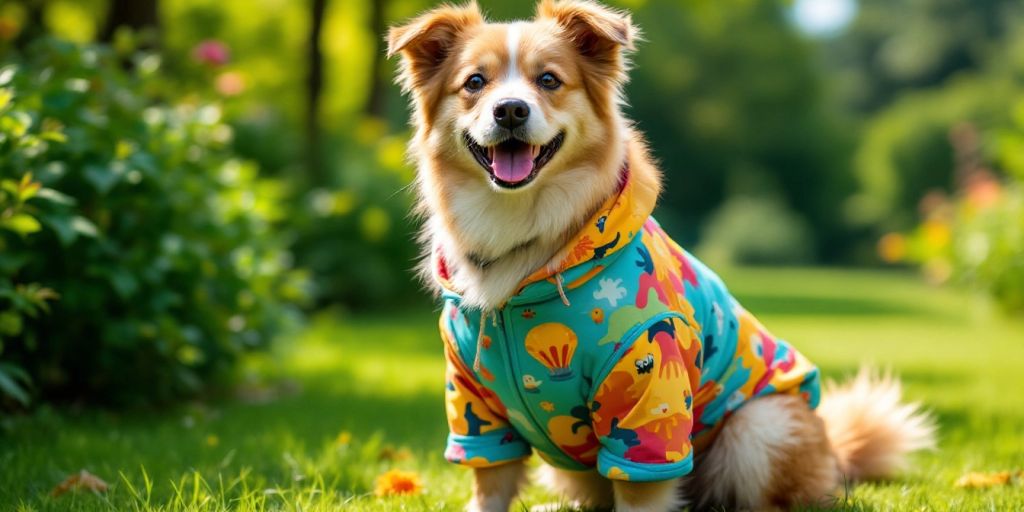XL dog in colorful outfit in sunny park.