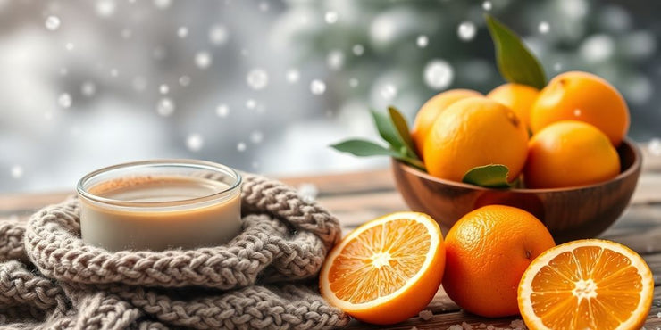 Cozy winter scene with warm beverage and fruits.