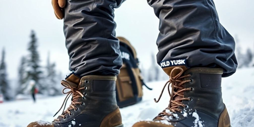 Worker in winter gear amidst snowy outdoor environment.