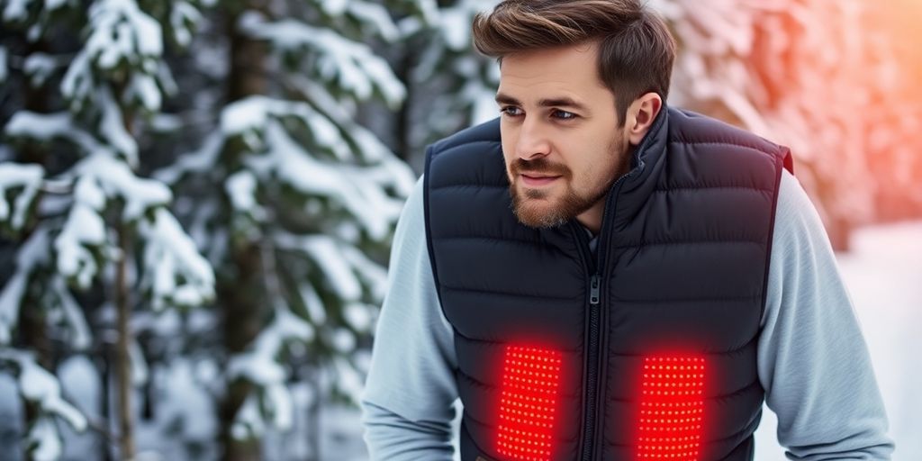 Man in heated vest enjoying winter outdoors.