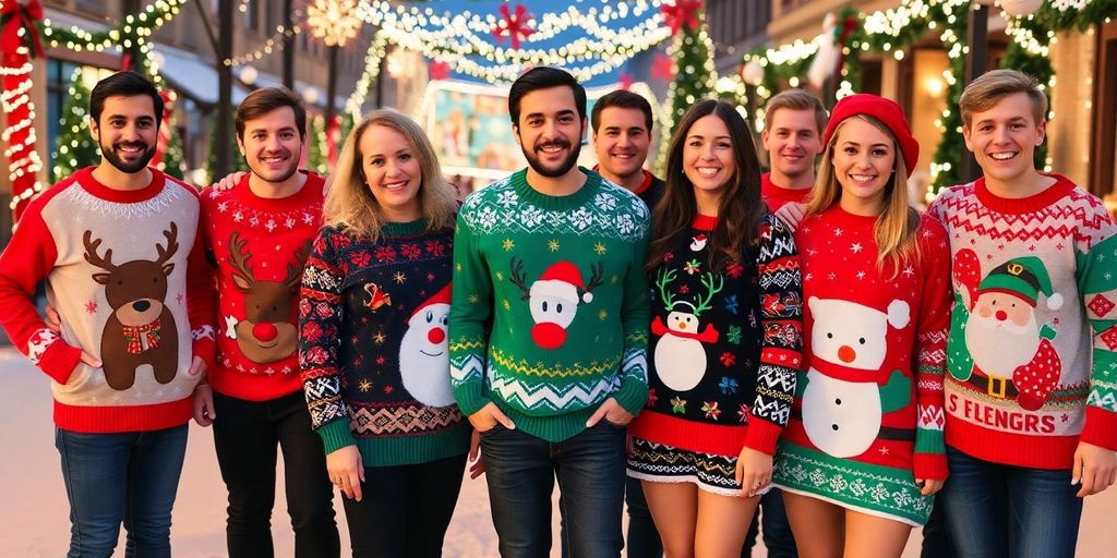 Colorful funny Christmas sweaters in a festive setting.