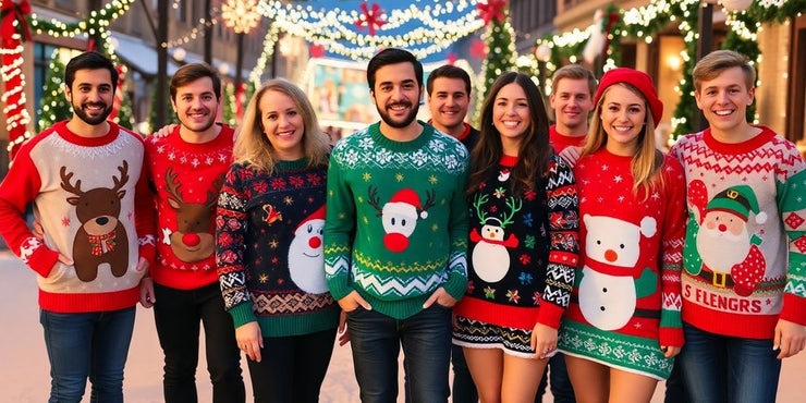 Colorful funny Christmas sweaters in a festive setting.