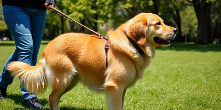 Pregnant dog walking with owner.