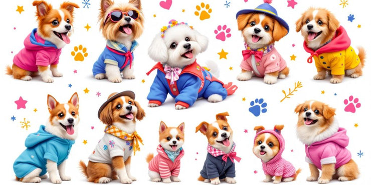 Colorful dog outfits on playful dogs in a bright setting.